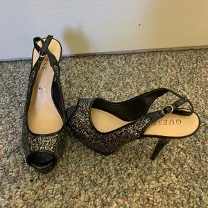 Black sparkly peep toe Guess heels